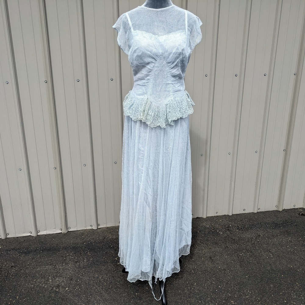 1940s Vintage Blue Tulle Gown Small Illusion Neckline Lace Peplum Maxi Dress